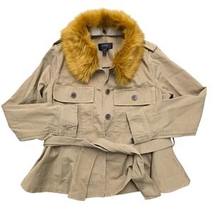 J.Crew Womens Belted Jacket Faux Fur Collar Military Khaki Coat Small‎
